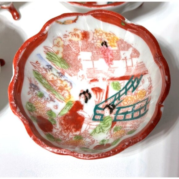4 Vintage Kutani Japan Hand Painted Geisha Girls Footed Dip Bowls 3” - Picture 2 of 6